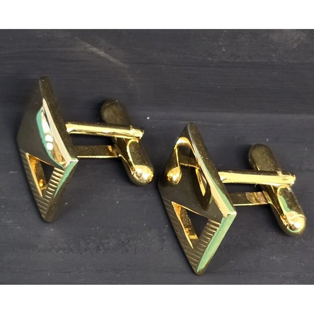 Men's Vintage Gold Tone Diamond Cut Out Cufflinks Mid Century Modern